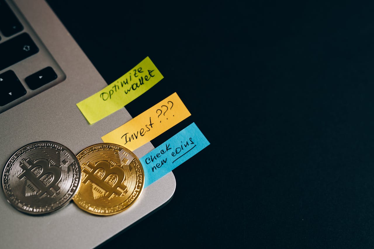 Our-Services-1 Capture The Essence Of Cryptocurrency Investments With Bitcoin Coins And Sticky Note Reminders.